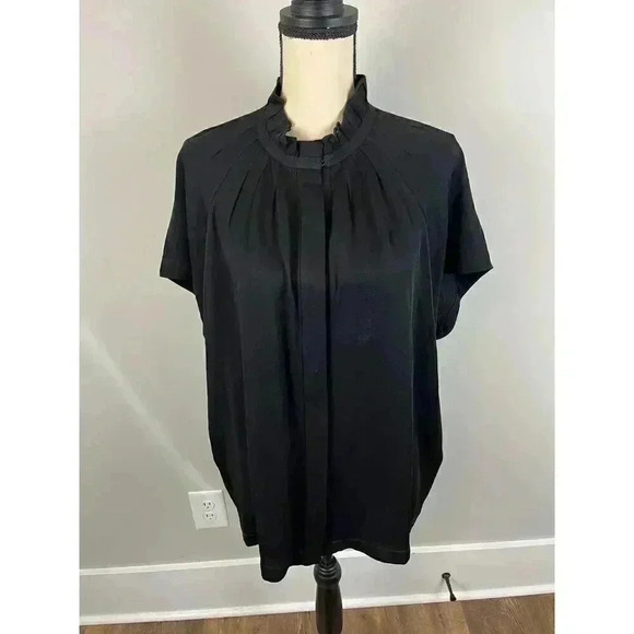 Zero + Maria Cornejo Black Womens 14 Blouse High Neck Ruffle Short Sleeve Button - Picture 1 of 13